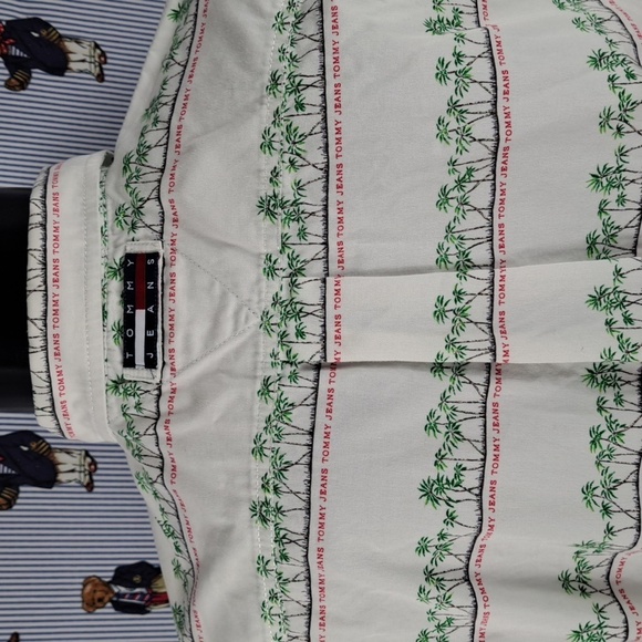 Vintage Tommy Jeans palm trees all over print white & green button-up Med shirt - Picture 6 of 8